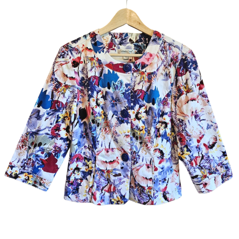 Coldwater Creek Watercolor Floral Cotton Blazer Jacket Size 12